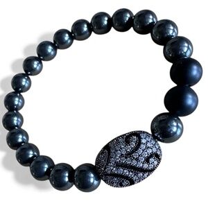 Jet Hematite & Onyx Stretch Bracelet w/ Black Filigree Crystal Pave Spacer